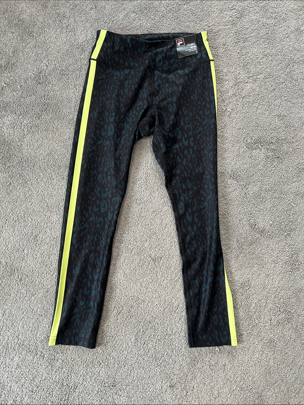 Fila Black Leopard-Print Leggings with Neon Yellow and Green Side Stripes
